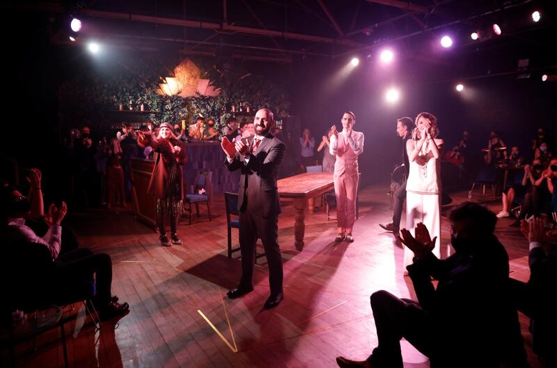 Actors react at the end of the show after the reopening of the Great Gatsby in London's West End. Reuters