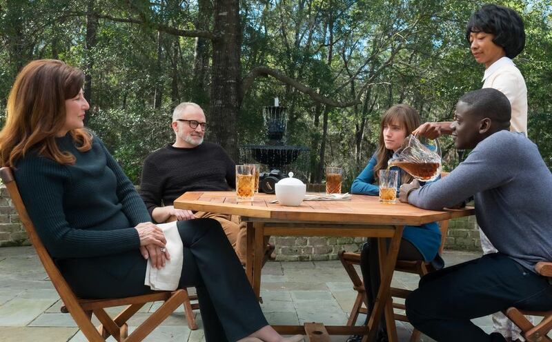 From left, Missy (Catherine Keener), Dean (Bradley Whitford), Rose (Allison Williams), Georgina (Betty Gabriel) and Chris (Daniel Kaluuya) in Get Out. Photo by Justin Lubin