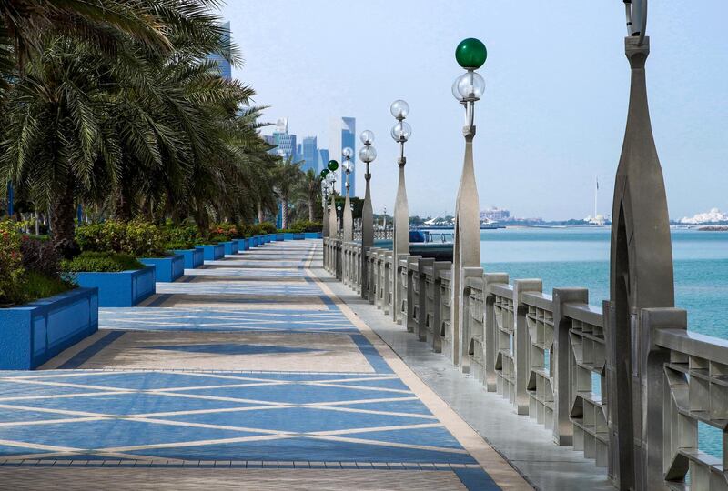 Abu Dhabi, United Arab Emirates, March 27, 2020.  The Corniche on the first day of the UAE cleaning campaign.  Emiratis and residents across the UAE must stay home this weekend while a nationwide cleaning and sterilisation drive is carried out.  . Victor Besa / The National