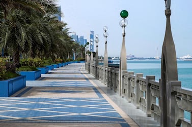 Abu Dhabi, United Arab Emirates, March 27, 2020. The Corniche on the first day of the UAE cleaning campaign. Emiratis and residents across the UAE must stay home this weekend while a nationwide cleaning and sterilisation drive is carried out. . Victor Besa / The National