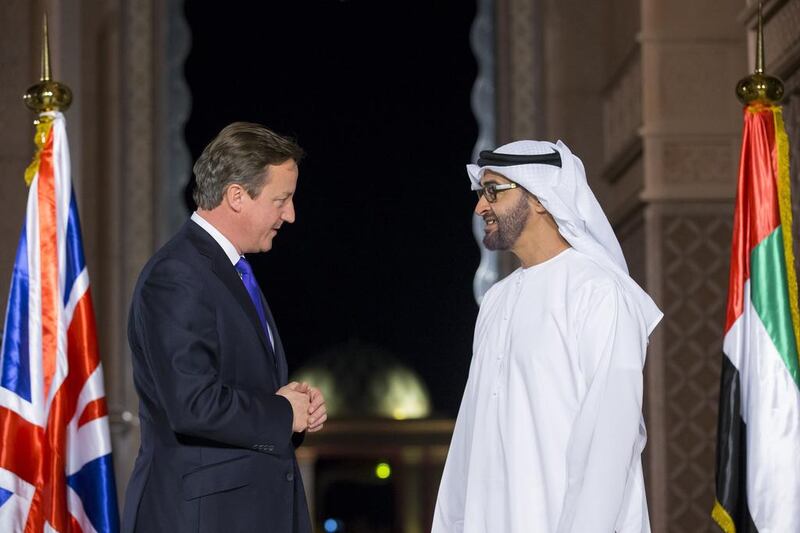 The Crown Prince of Abu Dhabi meets David Cameron, the Prime Minister of the United Kingdom, before a dinner meeting at Emirates Palace in November 2013. Ryan Carter / Crown Prince Court — Abu Dhabi