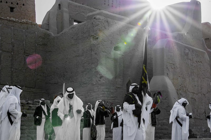 Close-up of traditional Saudi Ardah dance in front of Salwa Palace in At-Turaif in Ad Diriyah. Photo by THAMER AL AHMADI