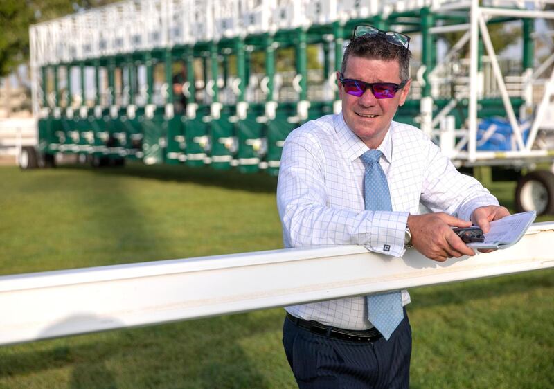 Abu Dhabi, United Arab Emirates, March 8, 2020.  14th Race Meeting, Abu Dhabi Equestrian Club.
Official Starter, Shane Ryan at the gates.
Victor Besa / The National
Section:  Sports
Reporter;  Amith Passela