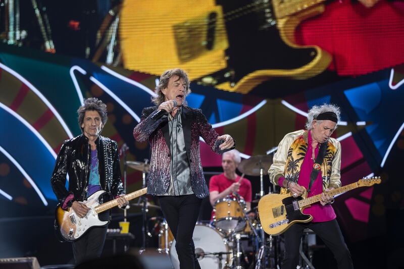 SANTIAGO, CHILE - FEBRUARY 03:  Mick Jagger, Ronnie Wood, Keith Richards and Charlie Watts of The Rolling Stones perform live on stage during the America Latina Ole Tour 2016 at Estadio Nacional on February 03, 2016 in Santiago, Chile. (Photo by Carlos Muller/Getty Images for TDF Productions) *** Local Caption ***  al12de-music-stones01.jpg