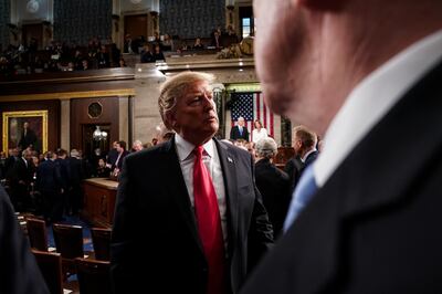 U.S. President Donald Trump departs after delivering a State of the Union address to a joint session of Congress at the U.S. Capitol in Washington, D.C., U.S., on Tuesday, Feb. 5, 2019. President Donald Trump cast his fight against illegal migration to the U.S. as a moral struggle, and charged in his second State of the Union address that “partisan investigations” threaten economic progress under his administration. Photographer: Doug Mills/Pool via Bloomberg