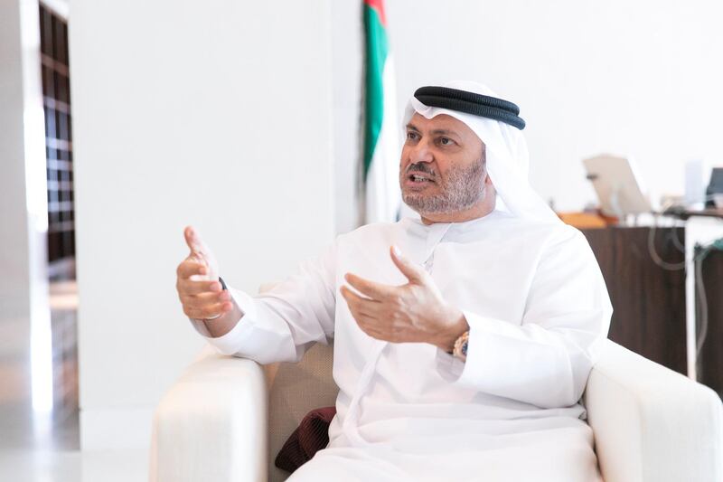 ABU DHABI, UNITED ARAB EMIRATES - JUNE 5, 2018. 

His Excellency Dr. Anwar Mohammed Gargash,
Cabinet Member and Minister of State for Foreign Affairs.


(Photo by Reem Mohammed/The National)

Reporter: Naser Al Wasmi
Section: NA
