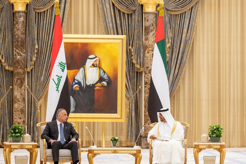 ABU DHABI, UNITED ARAB EMIRATES - April 04, 2021: HH Sheikh Mohamed bin Zayed Al Nahyan, Crown Prince of Abu Dhabi and Deputy Supreme Commander of the UAE Armed Forces (R), meets with HE Mustafa Al Kadhimi, Prime Minister of Iraq (L), during an official reception, at Qasr Al Watan.

( Mohamed Al Hammadi / Ministry of Presidential Affairs )
---