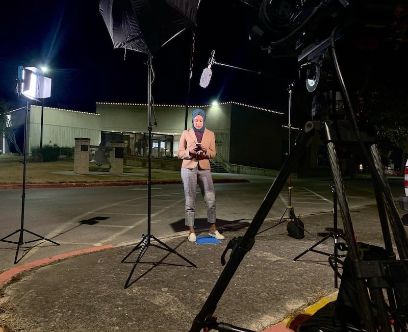 Reporter Tahera Rahman preparing for a live shot in Texas. Photo: Tahera Rahman