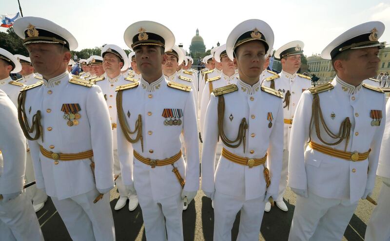 Russian Navy officers during the Main Naval Parade marking the Russian Navy Day in St. Petersburg, Russia.  EPA / ANATOLY MALTSEV