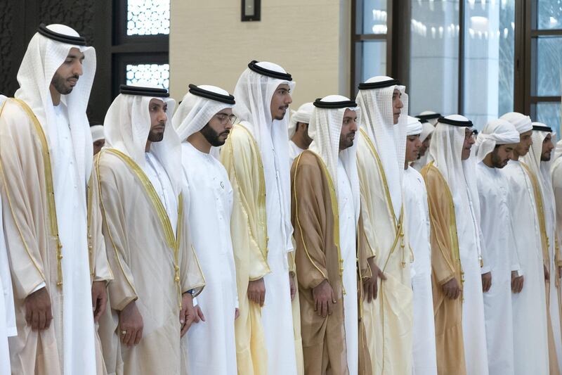 ABU DHABI, UNITED ARAB EMIRATES - June 04, 2019: HH Sheikh Shakboot bin Nahyan bin Mubarak Al Nahyan, UAE Ambassador to Saudi Arabia (L), Dr Ghaith Bin Hamel Al Qubaisi, Vice President of Al Ghaith Holding Company, HH Sheikh Hazza bin Hamdan bin Zayed Al Nahyan, HH Sheikh Tahnoon bin Saeed bin Tahnoon Al Nahyan, HH Sheikh Mohamed bin Hamad bin Tahnoon Al Nahyan, HE Jaber Al Suwaidi, General Director of the Crown Prince Court - Abu Dhabi, HH Sheikh Zayed bin Mohamed bin Hamad bin Tahnoon Al Nahyan, HH Sheikh Hazza bin Hamdan bin Zayed Al Nahyan, HH Sheikh Rashid bin Hamdan bin Mohamed Al Nahyan and other dignitaries,attend Eid Al Fitr prayers at the Sheikh Sultan bin Zayed the First mosque in Al Bateen. 

( Rashed Al Mansoori / Ministry of Presidential Affairs )
---