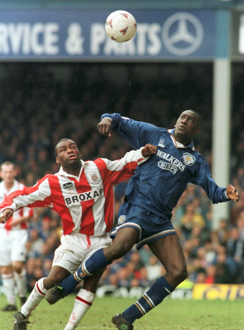 12 May 1996: Ray Wallace of Stoke  challenges Emile Heskey of Leicester in the air during the Leicester City v Stoke division one play-offs firts leg at Filbert Street. Mandatory Credit: Ross Kinnaird/ALLSPORT