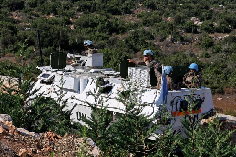 A United Nations Interim Force in Lebanon convoy patrols the road between the southern Lebanese towns of Naqura and Shamaa near the border with Israel.