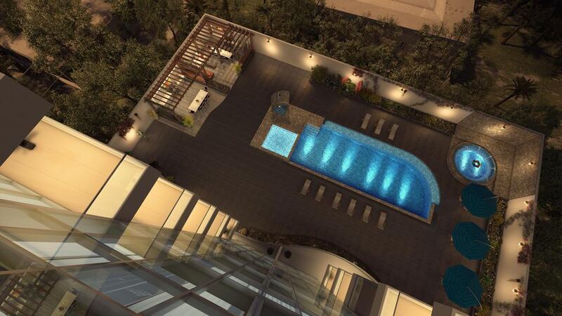 Above, bird's eye view of the swimming pool area of La Riviera Apartments. Courtesy Riviera Group