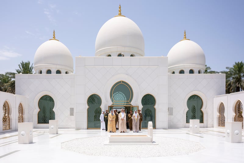 Sheikh Mansour bin Zayed, Vice President, Deputy Prime Minister and Chairman of the Presidential Court, and Sultan Haitham, pray at the tomb of UAE Founding Father, the late Sheikh Zayed bin Sultan Al Nahyan, at the Sheikh Zayed Grand Mosque