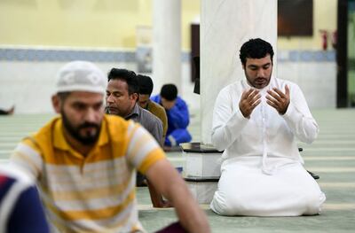 Ramadan prayers held at Bani Hashim Mosque in Abu Dhabi. Khushnum Bhandari / The National
