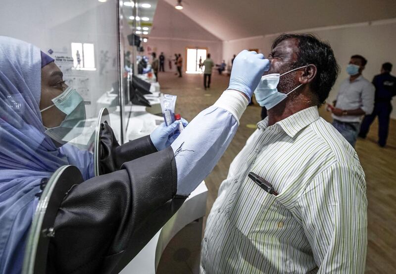 Abu Dhabi, United Arab Emirates, May 6, 2020. the new Ambulatory Healthcare Services, a SEHA Health System Facility, National Screening Project in Mussafah Industrial Area in Abu Dhabi.  --  The swab testing area of the center.
Victor Besa / The National
Section:  NA
Reporter:  Nick Webster