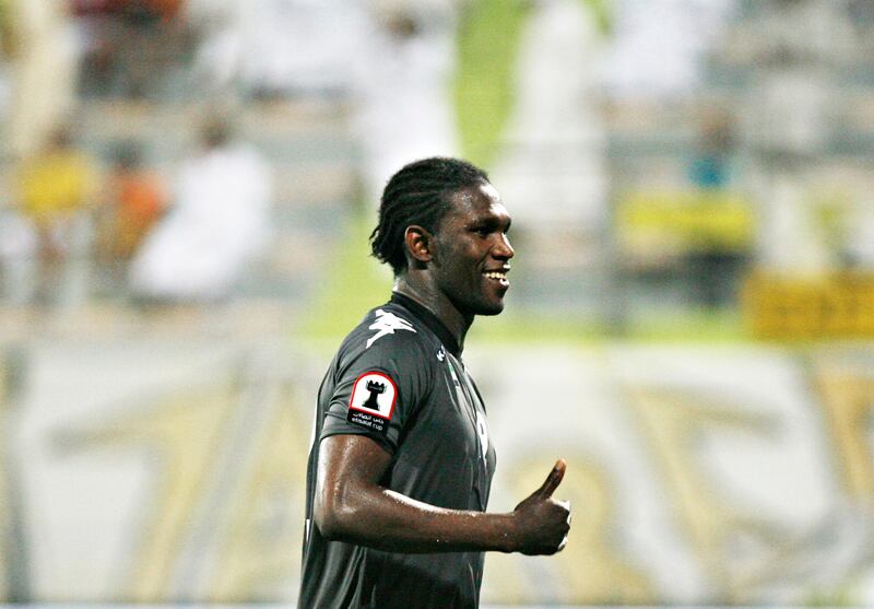 DUBAI, UNITED ARAB EMIRATES - October 10, 2012- AL Dhafra's  Makhete Diop reacts after he scored his third goal of the match during second half football action against Al Wasl in Zabell Stadium in Dubai City, Dubai October 10, 2012. (Photo by Jeff Topping/The National) 