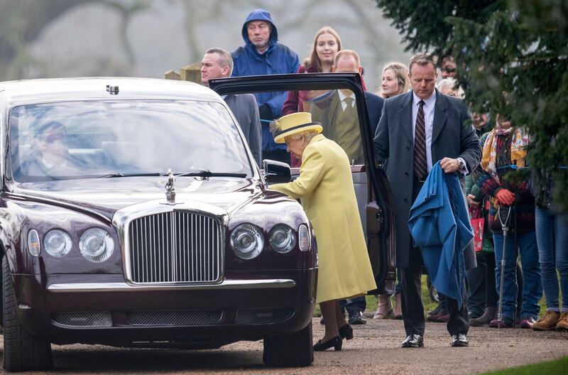 Britain's Queen Elizabeth II leaves after attending a morning church service with members of her family, at St Mary Magdalene Church in Sandringham, Norfolk, England, Sunday, Dec. 29, 2019. (Joe Giddens/PA via AP)