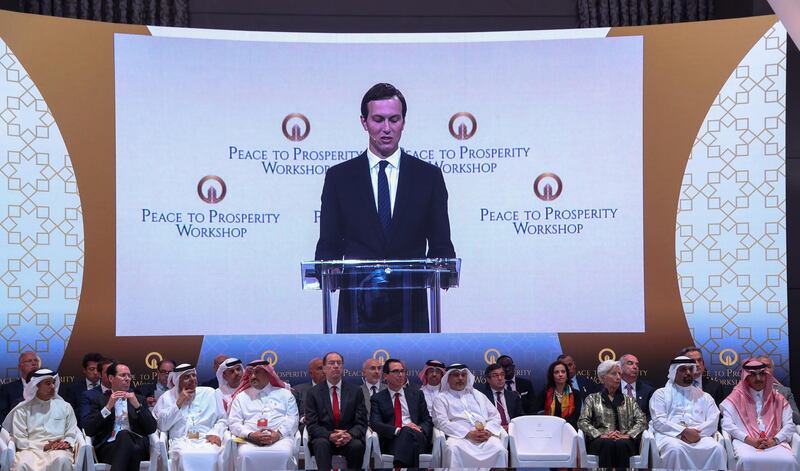 White House senior adviser Jared Kushner speaks at the "Peace to Prosperity" conference in Manama, Bahrain, June 25, 2019. Peace to Prosperity Workshop/Handout via REUTERS ATTENTION EDITORS - THIS IMAGE WAS PROVIDED BY A THIRD PARTY. NO RESALES. NO ARCHIVES.
