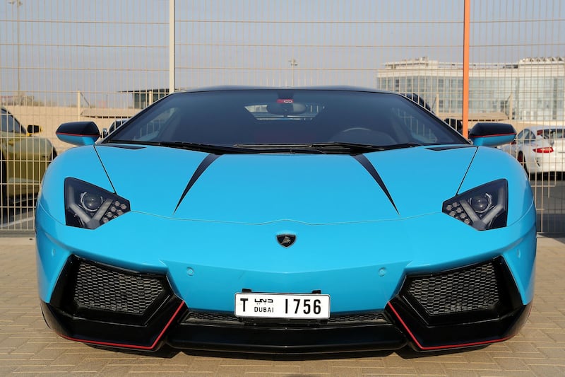 DUBAI, UNITED ARAB EMIRATES, August 31 – 2018 :- Lamborghini car at the Dubai Autodrome in Dubai. Members and Guests of the Ninth Degree supercars club driving their cars during the Ninth Degree supercars club meet held at Dubai Autodrome in Dubai. ( Pawan Singh / The National )  For Motoring. Story by Adam Workman