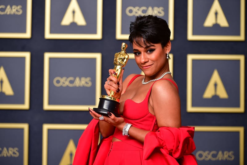 Actress Ariana DeBose poses with her Oscar for Best Supporting Actress for 'West Side Story' in the press room during the 94th Oscars at the Dolby Theatre in Hollywood, California. AFP