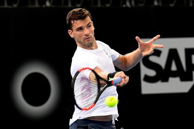 BRISBANE, AUSTRALIA - DECEMBER 30:  Grigor Dimitrov plays a shot at a practice session during the 2018 Brisbane International at Pat Rafter Arena on December 30, 2017 in Brisbane, Australia.  (Photo by Bradley Kanaris/Getty Images)