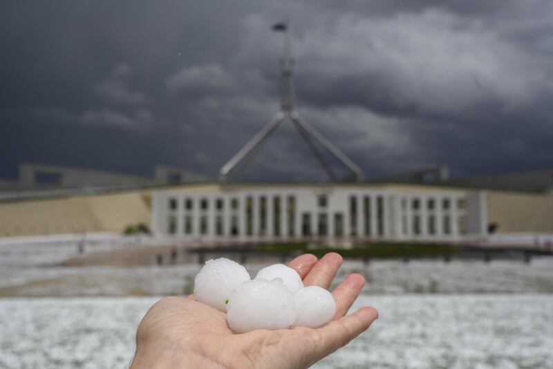 Golf ball-sized hail is shown at Parliament House in Canberra, Australia. Getty Images