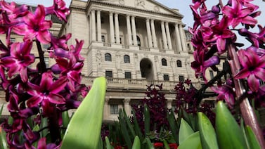 Spring flowers bloom in front of the Bank of England building in London. Reuters