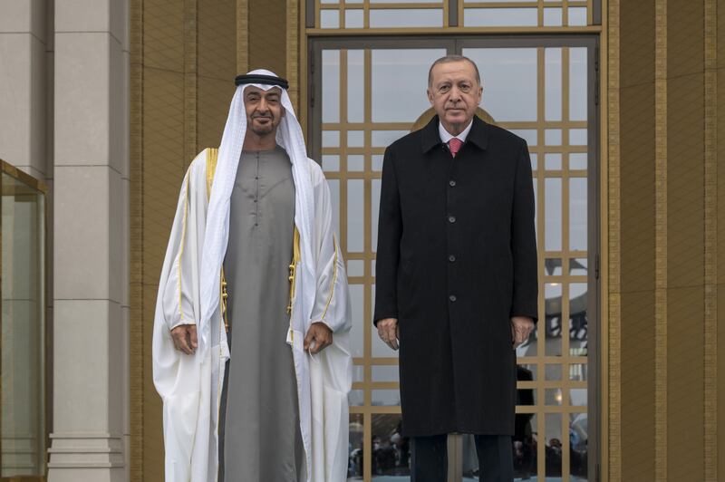 Sheikh Mohamed bin Zayed, Crown Prince of Abu Dhabi and Deputy Supreme Commander of the Armed Forces, is welcomed by Turkish President Recep Tayyip Erdogan at the Presidential Complex in Ankara. Hamad Al Kaabi / Ministry of Presidential Affairs.