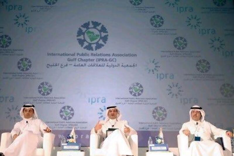 Dr Abdulrahman al Zamil, left, Abdullah Ali Almajdouie, centre, and Sultan al Bazie talk strategy for family-owned businesses.