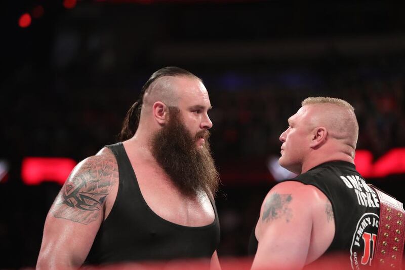 Victory for Braun Strowman, left, over Roman Reigns at WWE Payback, should set him up to challenge Brock Lesnar, right, for the WWE Universal Championship later in the summer. Courtesy: WWE