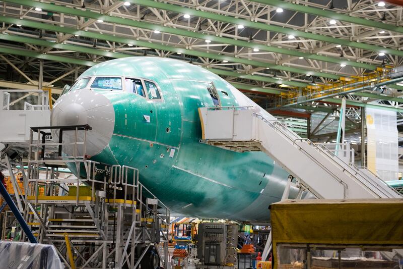 A Boeing Co. 777X airplane sits on the assembly floor at at the company's facility in Everett, Washington, U.S., on Wednesday, March 6, 2020. The Boeing 777X airplane is scheduled to make its first flight on January 23. Photographer: Chona Kasinger/Bloomberg