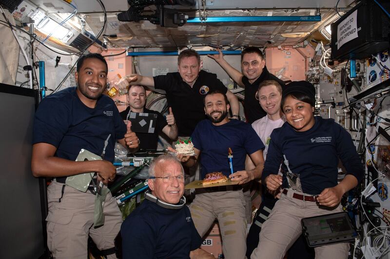 UAE astronaut Sultan Al Neyadi was surprised with a birthday cake on May 23. Photo: Sultan Al Neyadi / Twitter