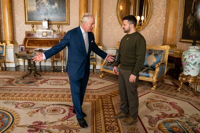King Charles III meets Ukrainian President Volodymyr Zelenskyy at Buckingham Palace. Getty