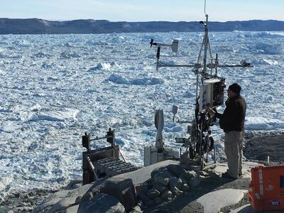 NYUAD scientist David Holland at the Jakobshavn Glacier in Greenland. Courtesy Doug Hamilton