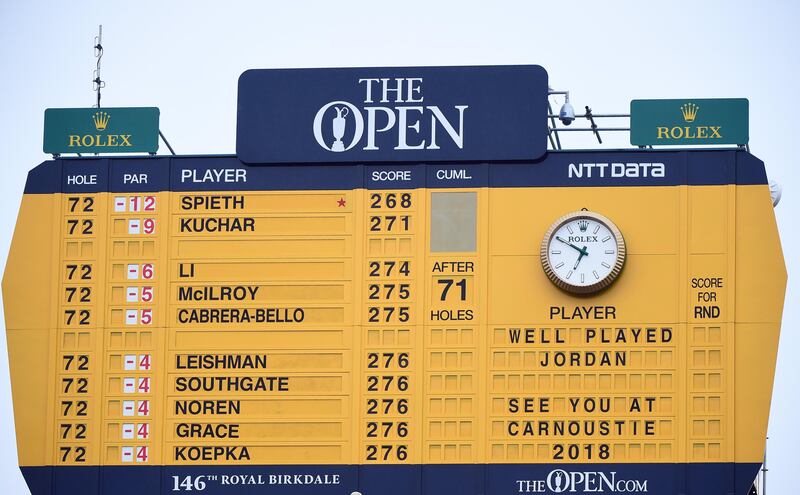 The scoreboard on the 18th hole after Jordan Spieth of the US won the British Open Golf Championships at Royal Birkdale, Britain, 23 July 2017. Royal Birkdale is the venue for the 146th version of golf’s oldest major. Gerry Penny / EPA