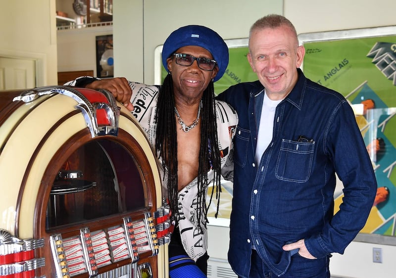 Fashion Designer Jean Paul Gaultier and Record Producer Nile Rodgers pose for a picture on May 3, 2018 in Westport, Connecticut.
Deciding how to tell his story as one of fashion's edgiest designers, Jean Paul Gaultier knew there had to be music. And he knew it had to come from Nile Rodgers. The designer who has brought playful and provocative clothes to the world's runways for four decades is turning the focus to himself with an autobiographical show to open on October 2 in Paris. / AFP PHOTO / ANGELA WEISS / With AFP story bu Shaun TANDON:  Freak out: Telling a fashion life, Gaultier taps Nile Rodgers
