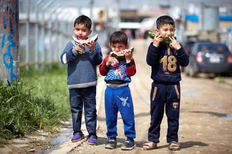 Boys eat slices of watermelon from the Lemon Tree Trust's Azadi Community Garden in Domiz refugee camp in Kurdistan, north Iraq. Courtesy: Britt Willoughby Dyer