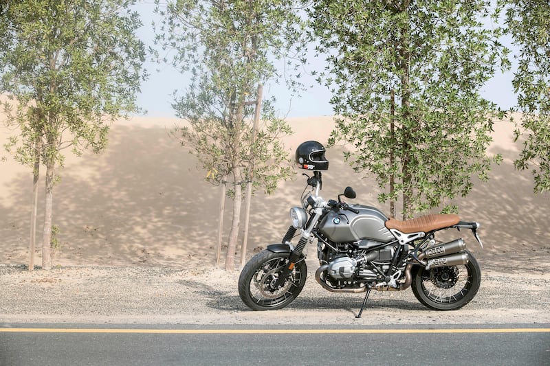 DUBAI, UNITED ARAB EMIRATES. 23 September 2017. Review of the BMW RnineT Scrambler motorcycle for Motoring. 1200cc Air/oil-cooled flat twin ('Boxer') 4-stroke engine,with a constant mesh 6-speed gearbox with a max speed of over 200km/h. (Photo: Antonie Robertson/The National) Journalist: Antonie Robertson. Section: Motoring.