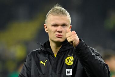 (FILES) In this file photo taken on December 15, 2021 Dortmund's Norwegian forward Erling Braut Haaland reacts after the end of the German first division Bundesliga football match Borussia Dortmund vs SpVgg Greuther Fuerth in Dortmund.  - Manchester City said Tuesday, May 10, they had reached an agreement in principle with Borussia Dortmund to sign striker Erling Haaland.  (Photo by Ina Fassbender  /  AFP)