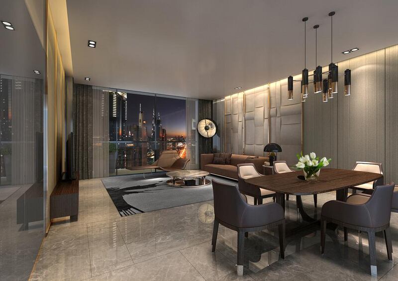 An artist rendering of a living room in The Sterling tower, which will feature interior designs by Hong Kong designer Steve Leung. Courtesy Omniyat
