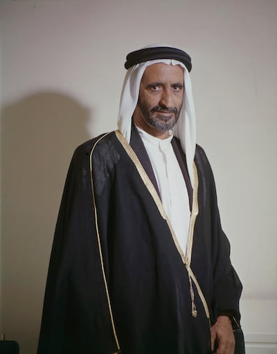 Shot by Rex Coleman for the official photograph studio of the British royal family, this image was taken during Sheikh Rashid's visit to London in 1961. Courtesy Etihad Museum