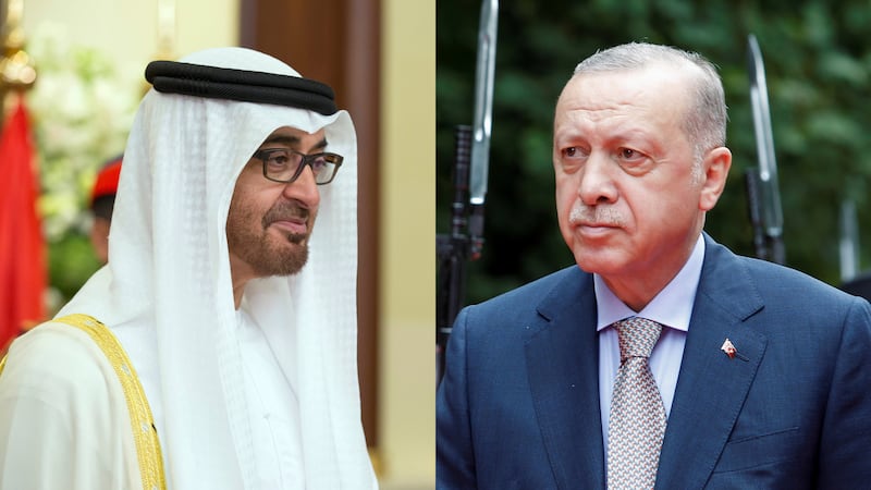 President Sheikh Mohamed discussed regional developments with Turkey's Recep Tayyip Erdogan. Photo: Crown Prince Court - Abu Dhabi; Reuters