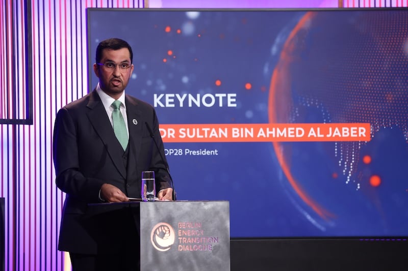 Dr Sultan Al Jaber speaks at the Weltsaal Conference in Berlin. Photo: Cop28