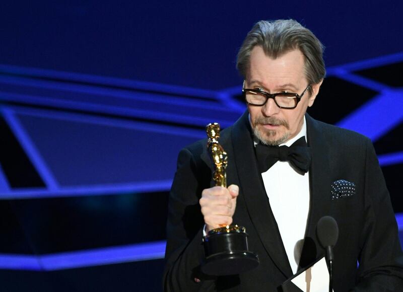 British actor Gary Oldman delivers a speech after he won the Oscar for Best Actor in "Darkest Hour" during the 90th Annual Academy Awards show. Mark Ralston / AFP