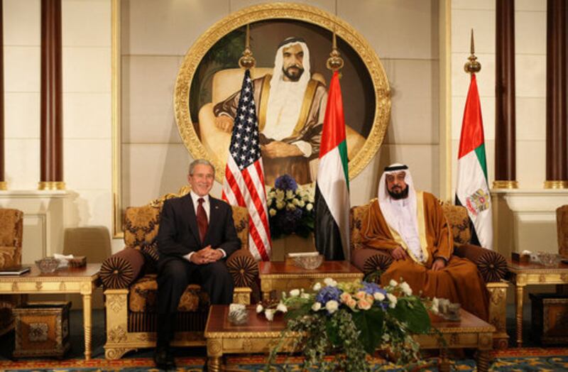 President Sheikh Khalifa and then-US president George W Bush at Al Mushrif Palace in Abu Dhabi. Photo: National Archives