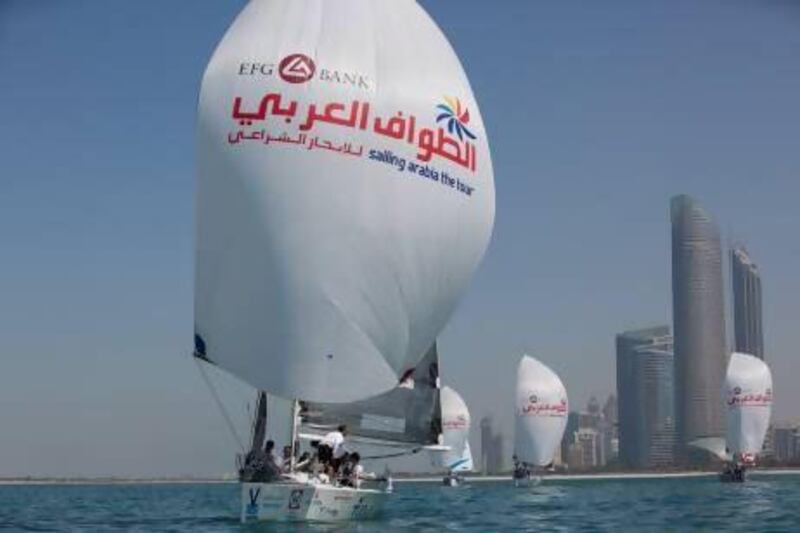 With columnist Ali Khaled onboard, the Delft Challenge yacht sails along the coast during the Abu Dhabi in-port leg of Sailing Arabia – The Tour on Saturday. Lloyd Images