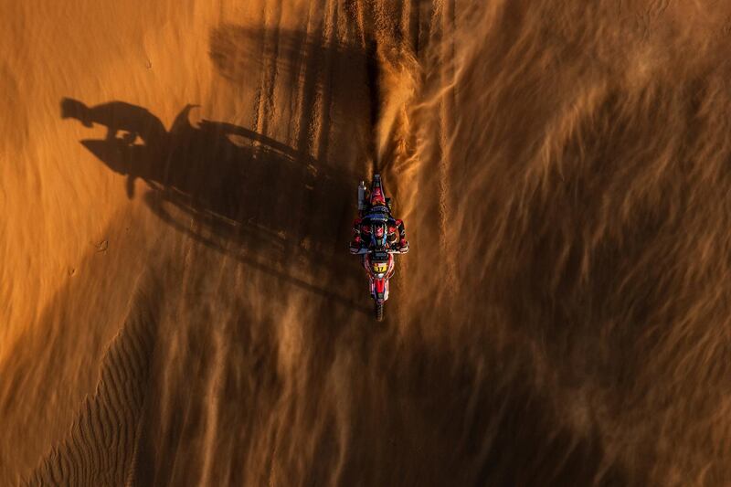 Jose Ignacio Cornejo Florino on his Honda motorbike during Stage 11 of the Dakar Rally between Shubaytah and Haradth in Saudi Arabia, on Thursday, January 16. AP