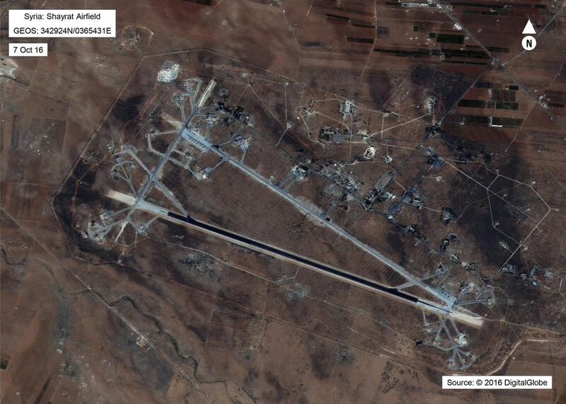 A satellite image of Shayrat airbase in Syria taken on October 7, 2016 released by the US department of defence showing the Syrian airbase which the US struck with a barrage of cruise missiles on April 7, 2017 in retaliation for this week’s gruesome chemical weapons attack against civilians. DigitalGlobe/US department of defence via AP

