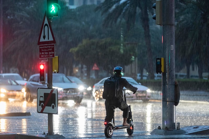 Heavy rain began falling early in the morning in The Greens, Dubai. Antonie Robertson/The National